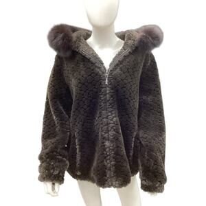 Gallery Bomber Jacket Women’s SZ M Faux Fur With Genuine Fox Fur Hood Trim Brown